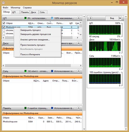 Работа с монитором ресурсов