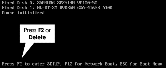 нажмите F2 для открытия биоса