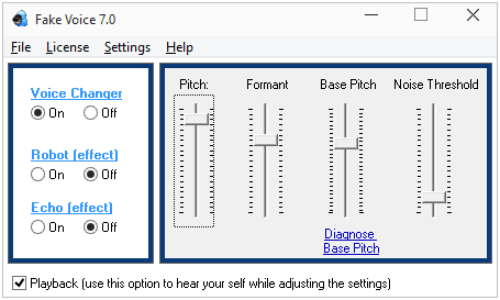Можно при желании активизировать «роботизацию» выходного сигнала, и у собеседника сложится впечатление, что он говорит с искусственно синтезированным голосом
