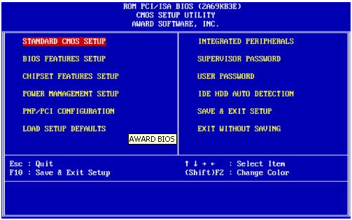 Чтобы сделать загрузку с диска на компьютере с модификацией AWARD BIOS нужно войти в базовой отсек, где на синем или на сером фоне на английском языке указаны разделы меню