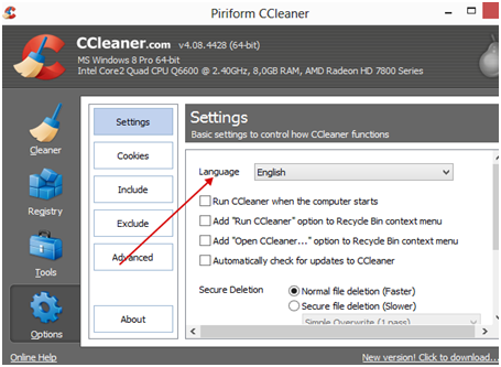 Устанавливаем английский язык в CCleaner