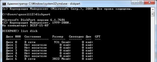 команда «list disk»