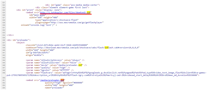Находим то расширение swf, к которому есть полный путь (в строке после «src» расположено имя сайта)