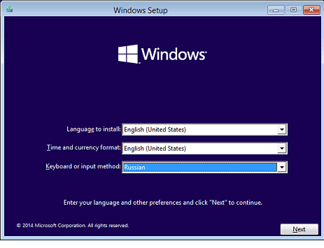 Выбор языка операционной системы