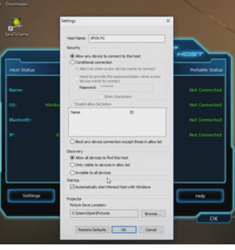 В меню monect host выберем settings, пропишем имя подключаемого устройства и другие параметры