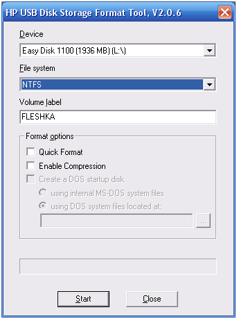 Заупск HP USB Storage Format Tool